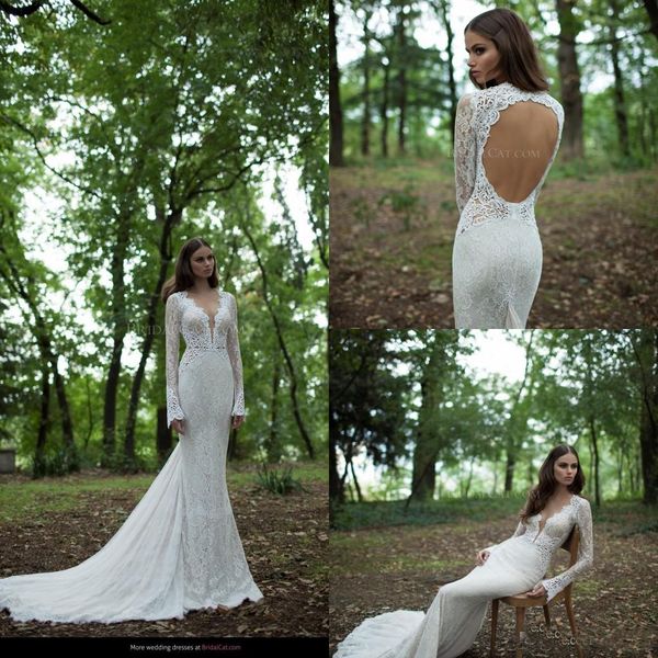 

Lace Mermaid Wedding Dresses 2019 Berta Long Sleeves Backless Sweep Train Ruffles Bohemian Bridal Gowns New Collection Custom Made
