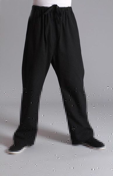 

100% cotton chinese traditional men's pants wu shu tai chi elastic waist loose long trousers s m  xl xxl xxxl, Black