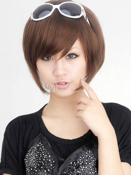 

fashion short brown wig wavy synthetic cos women's hair wigs, Black;brown