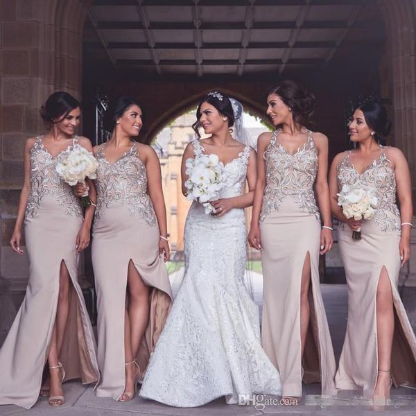 

sheath front side split bridesmaids dresses v neck appliques long maid of honor gowns custom made wedding guest dress, White;pink