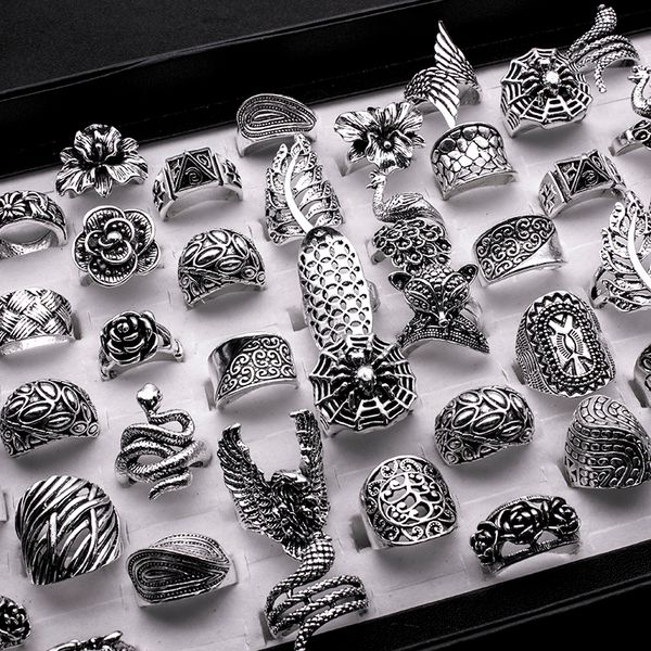 

25 Pieces Mix Women Vintage Ring Wholesale Antique Silver Plated Boho Gothic Leaf Flower Statement Rings Men Jewelry