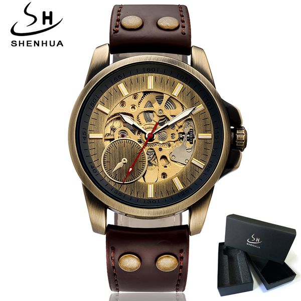 

self winding mens watch automatic leather steampunk watch men 2018 vintage mechanical skeleton wrist watches clock mechanism, Slivery;brown