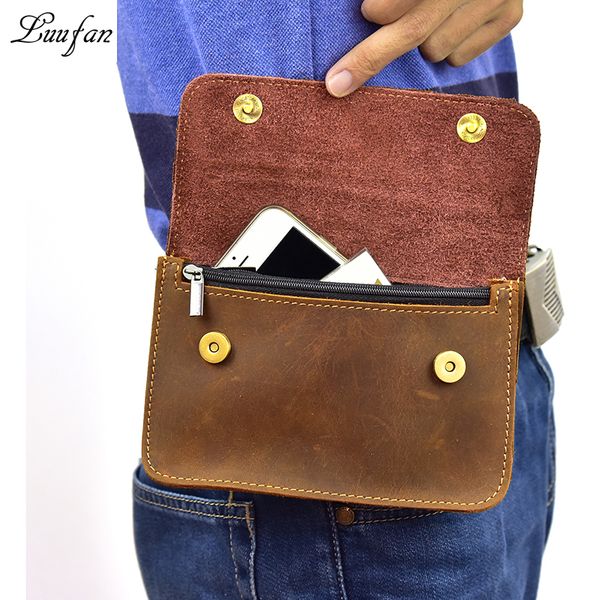 

men's genuine leather waist bag for iphone crazy horse leather belt bag cow snap wallet 2 use real clutch