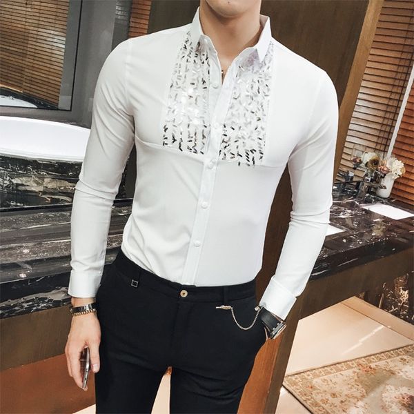 

2018 spring men shirt fashion sequins slim fit long sleeve men's social shirts night club casual party tuxedo blouse men 3xl, White;black