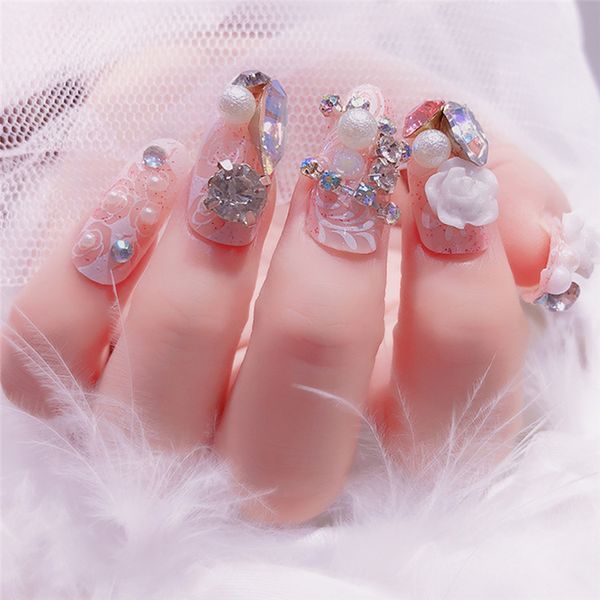 

24pcs 3d full cover fake false nails flower rhinestone decor wedding bride nail art tips reusable finished patch, Red;gold