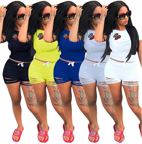 

women summer casual shorts tracksuit crown & lip gloss crop sweatshirt with ripped hole shorts pant 2pcs gym jogger suit gga439 6sets, White