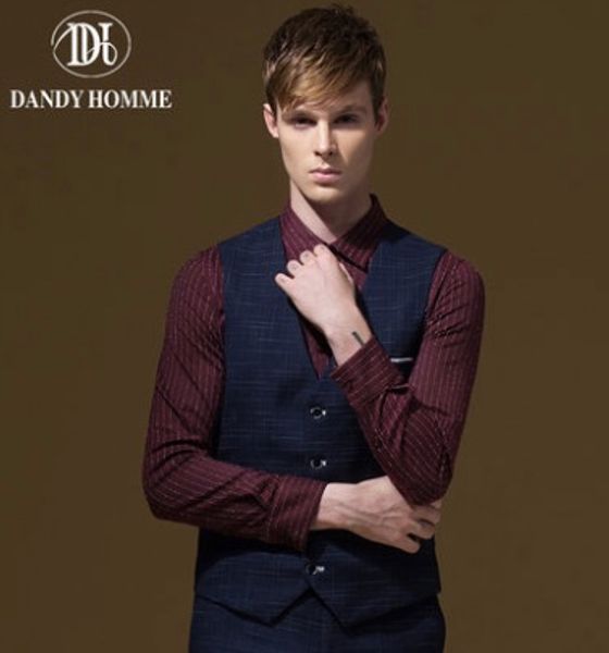 

men formal suits vests blue small plaid fashion young man v-neck super slim singe breasted business wedding groom, Black;white