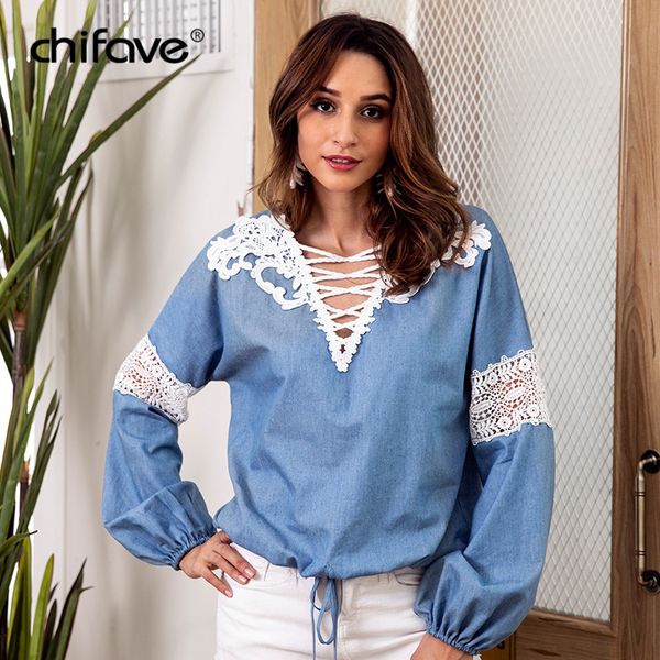 

fashion women lace patchwork shirts blouse casual lantern sleeve v neck chiffon shirt hollow out spring autumn chifave, White