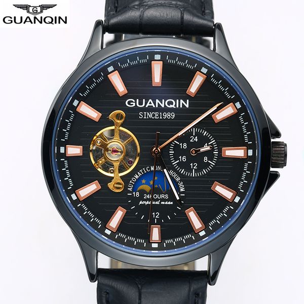 

guanqin 2018 new watch men waterproof automatic luminous men watches skeleton clock leather erkek kol saati, Slivery;brown