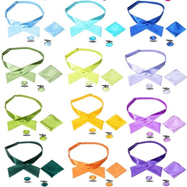 Crossover-Fliegen + Manschettenknöpfe + Taschentücher, 3-in-1-Set, 24 Farben, einfarbig, Cross-Fliege für Jungen- und Mädchenkrawatten, Weihnachtsgeschenk