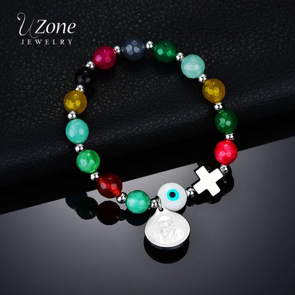 

uzone san benito evil eye cross bracelet for women stones elastic pendant strand bracelet for religious lucky beads bangle, Black