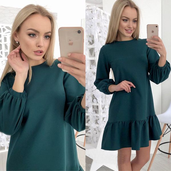 

solid colour hem ruched three quarter autumn dress women 2018 lantern sleeve ruffles o-neck casual loose dress mini vestidos, White;black