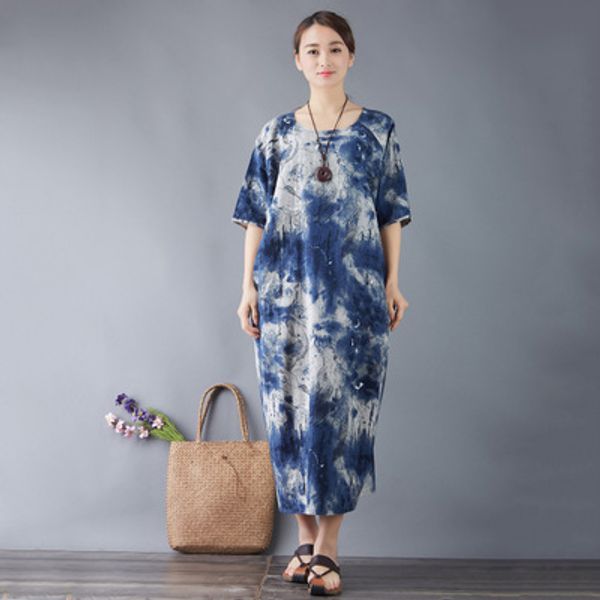 

summer cotton and linen national wind dress, Black;gray