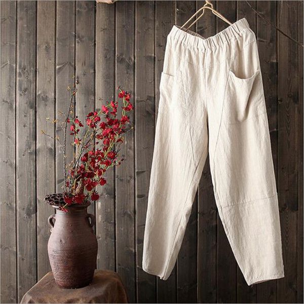 

men linen loose pants beach elastic casual slacks trousers new, Black