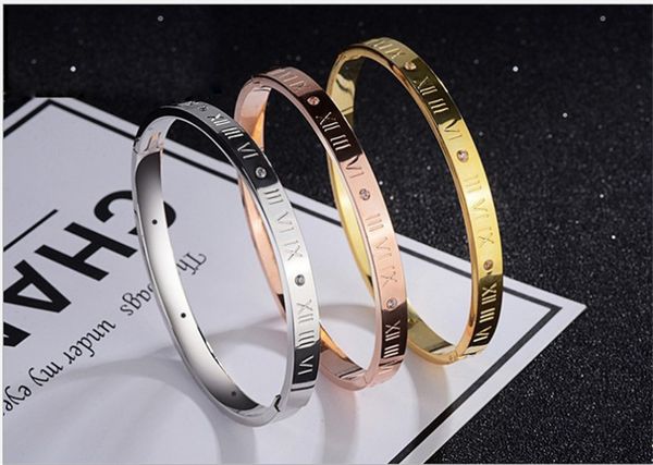 Pulseiras de Aço Inoxidável Bangles Feminino Cuff Cristal Algarismos Romanos Pulseiras Cor Dourada Joias Femininas para Festas