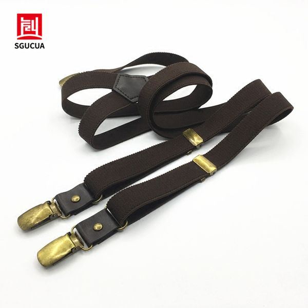 

sgcua braces brown 3 clip buckle suspenders men leather link bronze clip original retro shirt holder dk119, Black;white