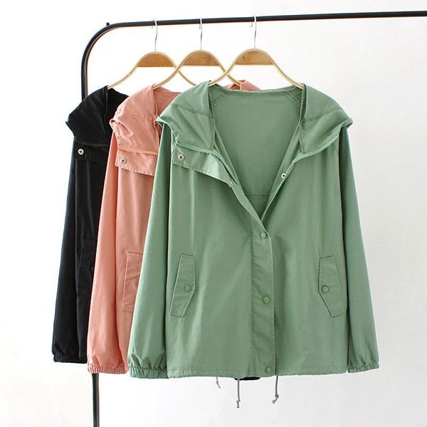 

2018 korean new style women's clothing solid color hooded plus size loose jacket thin coat female autumn, Black;brown