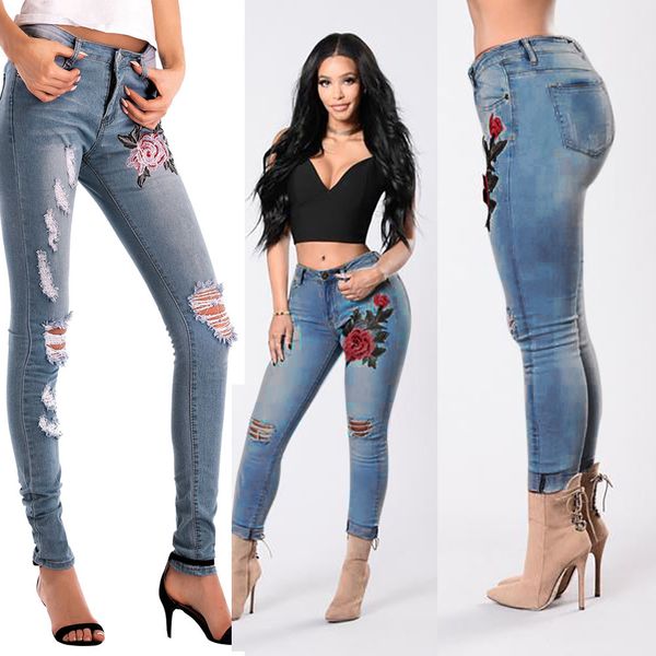 

kwomen skinny ripped hole jeans pants high waist stretch slim pencil trousers y01132362, Blue