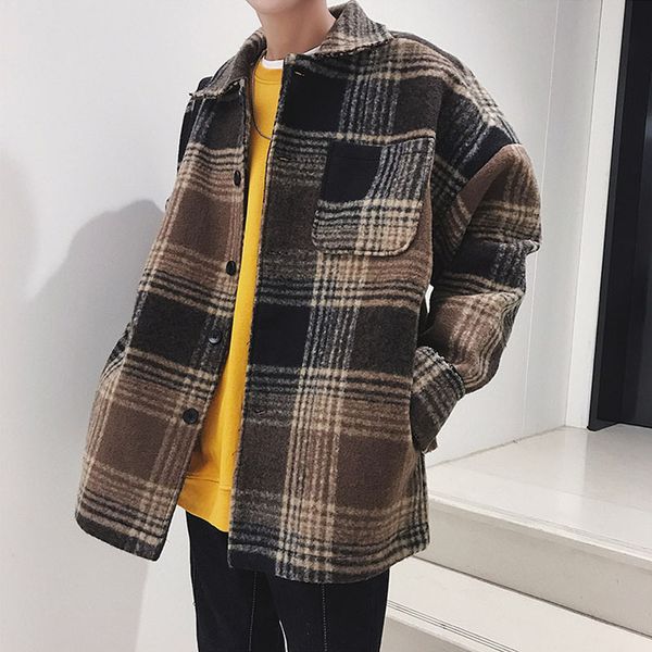

autumn winter new men women wool shirt style plaid jacket male loose woolen windbreaker outerwear casual coat overcoat, Black