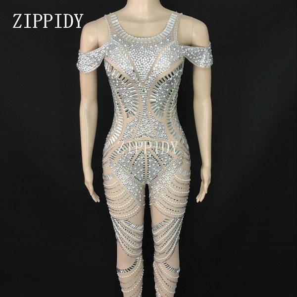 

sparkly silver rhinestones mesh jumpsuit see through birthday celebrate outfit nightclub party dance female singer show clothes, Black;white