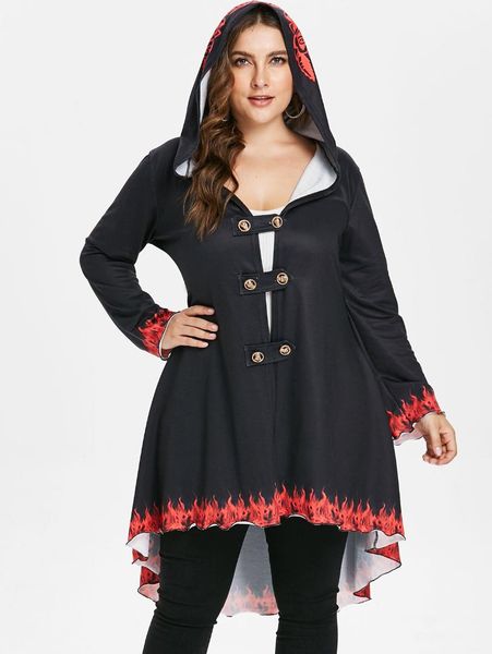 

wipalo plus size 3d pattern fire print buttoned high low hoodie coat sweatshirts long sleeves cloak winter coats outwear 5xl, Black;brown