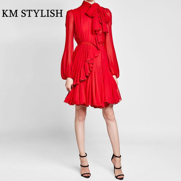 

2018 spring-summer asymmetrical long sleeve turtleneck frilled dress bow tie lantern sleeve ruffles belted red dresses for women, White;black