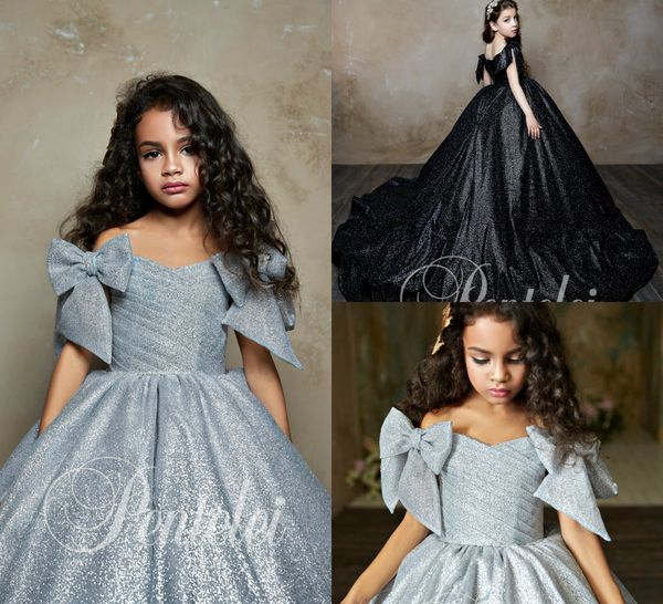 

pentelei 2019 ball gown flower girl dresses for wedding sequined off the shoulder bow sweep train girls pageant dresses custom made, White;blue