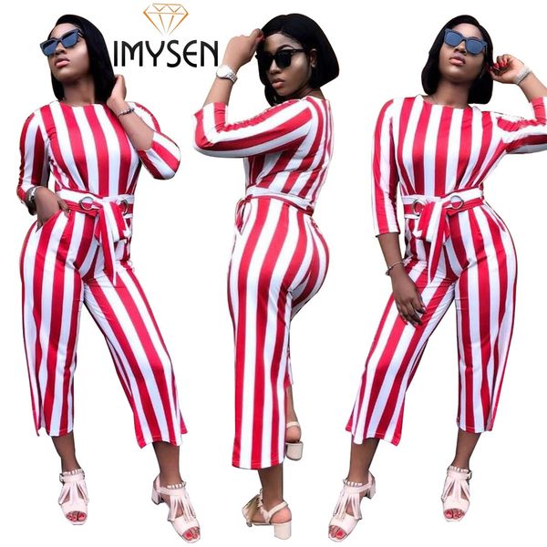 

imysen streetwear outfit autumn winter red striped jumpsuit o neck belt casual women romper, Black;white