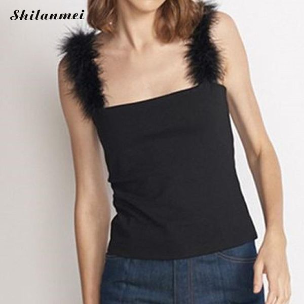 

2018 summer women fuzzy faux fur spaghetti crop fashion slim feathers strap camis tank backless bustier camisole, White