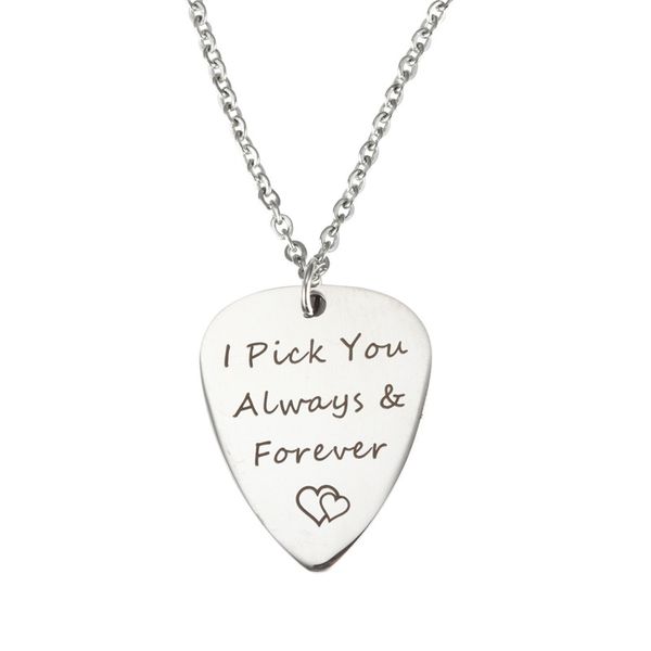 

inspirational lettering necklace i pick you always & forever stainless steel simple guitar pick necklace fashion jewelry, Silver