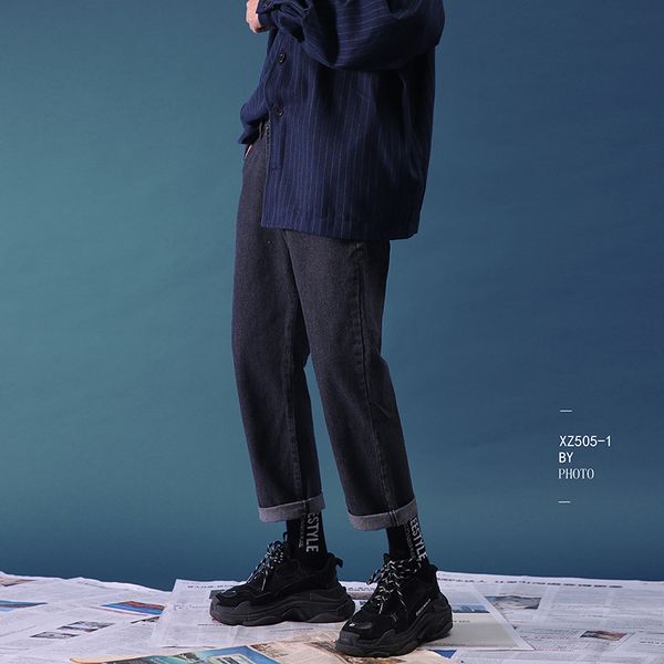 

autumn and winter new boutique men's casual jeans youth wild large size fashion trousers warm solid color simple loose, Blue