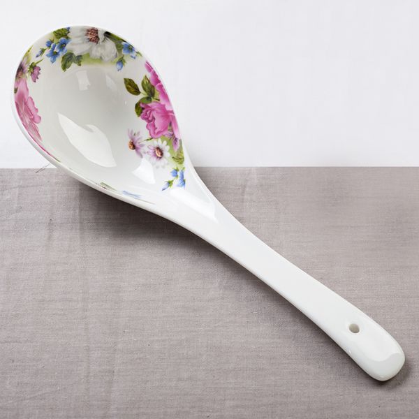 

real fine bone china kitchen spoon, chinese rice soup scoop, ceramic long handled spoon for dinner serving, porcelain talheres