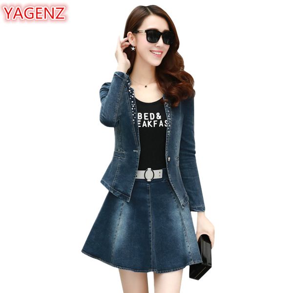 

yagenz 2 piece set women denim set fashion spring autumn clothes womens jeans two piece crop and skirt twotwinstyle, White