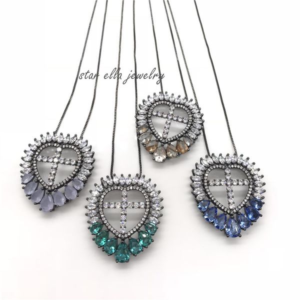 

single piece colorful necklace micro pave cz with setting glass stone heart cross pendant necklace jewelry, Silver