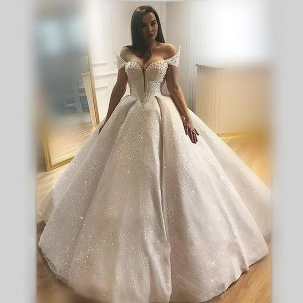 

shinning wedding dresses off the shoulder pearls beads ball gown bridal dress sequined cap sleeves country wedding dress, White