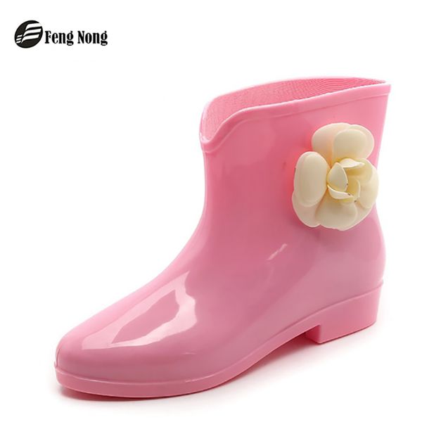 

fengnong new arrival rain boots waterproof flat with shoes woman rain woman water rubber ankle boots bowtie botas, Black