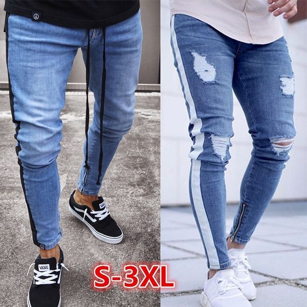 

europe and the united states small foot zipper jeans men trendy knee hole zipper small foot hole fashion jeans 1063, Blue