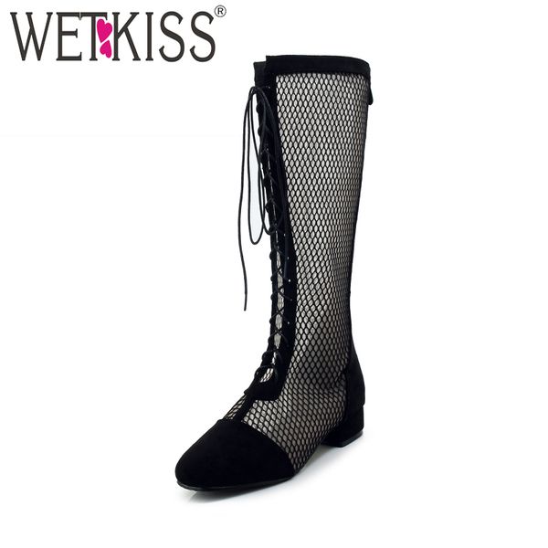 

wetkiss 2018 thick heel knee high summer women boots zipper lace up footwear antumn fashion cross tied boots ladies shoes, Black