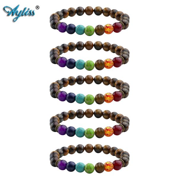 

ayliss wholesale 7 chakras gem stone bracelet natural stone crystal reiki healing balancing round bead strech bracelets jewelry, Black