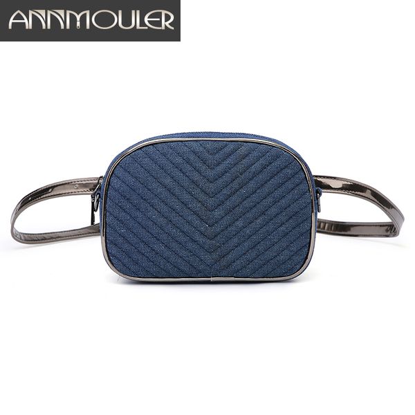

annmouler brand new women fanny pack bag blue jeans waist bag adjustable belt girls small shoulder with chain phone