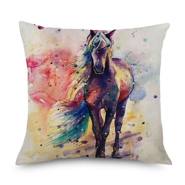 Watercolor Oil Painting Horse Cushion Cover Beige Linen Colorful