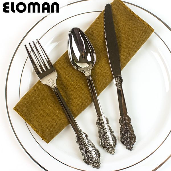 

10pcs heavy duty wedding disposable cutlery eloman silver look plastic vintage party tableware fancy fork knife spoon dinnerware