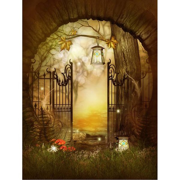 Conto de fadas Crianças Halloween Backdrop Impresso Genie Libélula Cogumelos Lanternas de Árvore de Bordo Velho Porta Arco Fotografia Fundos