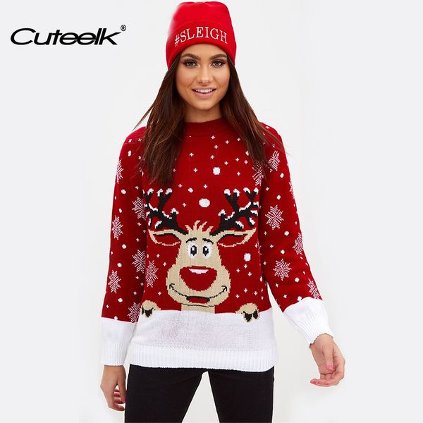 

cuteelk christmas pullover sweater knited snow and elk pattern warm clothes long sleeve o-neck winter knitwear xmas jumper, White;black