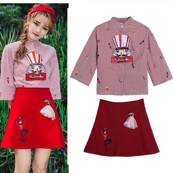 

new arrival women's 2018 cartoon appliques loose blouses white red stripped printed ladies embroidery skirt suit ns654, White;black