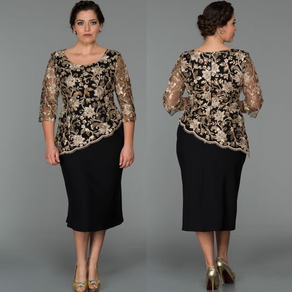 Renda Mãe modesta da noiva Vestidos Pescoço da colher Plus Size mangas compridas Convidado de Casamento Vestido de Chá Length Chiffon lantejoulas vestidos de noite