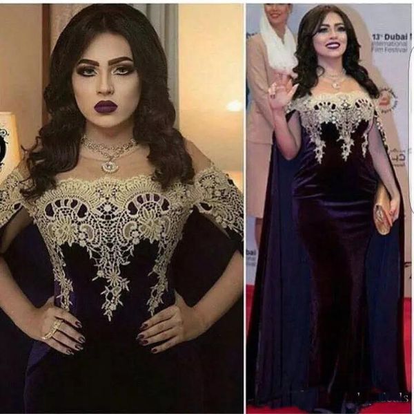 

Saudi Arabic Purple Velvet Evening Dresses with Cape Lace Formal Celebrity Dresses 2018 Latest Prom Party Gowns