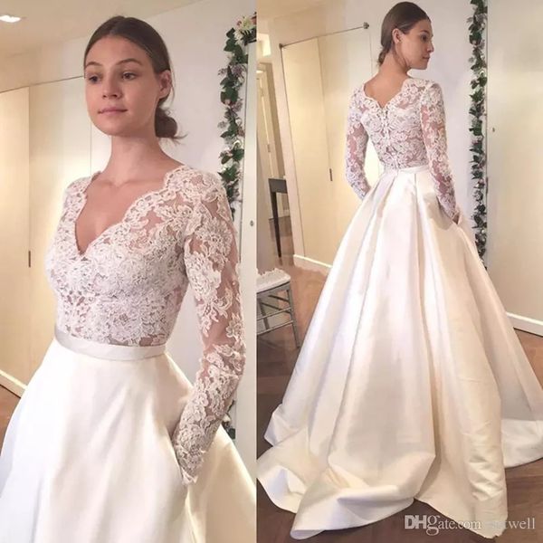 

2019 ivory lace wedding dresses v neck long sleeve satin sweep train simple beach wedding dress illusion plus size bridal gowns boho, White