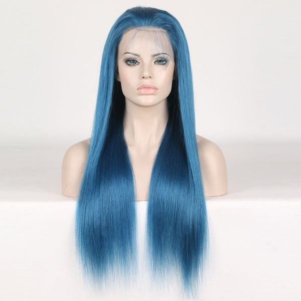 

Full Lace Human Hair Wigs Blue Colorful Wigs for Woman Pre Plucked With Baby Hair Brazilian Remy Hair Wigs Length 10--24 inch