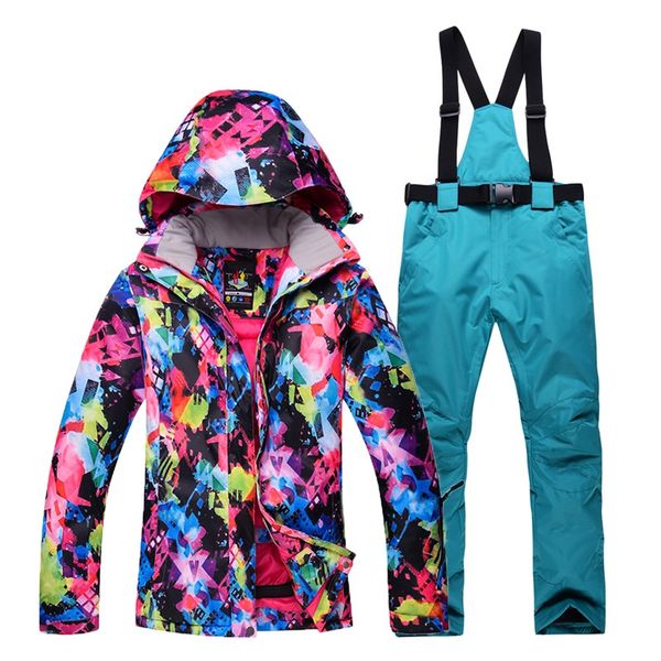 

2018 new outdoor printed womens waterproof winter jacket + pants ski suit thicken breathable snow mountain snowboarding sets